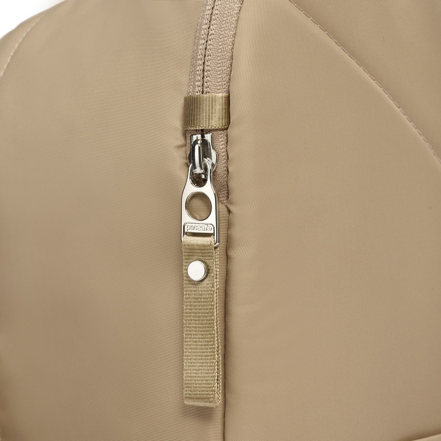 Close up of taupe zipper pull