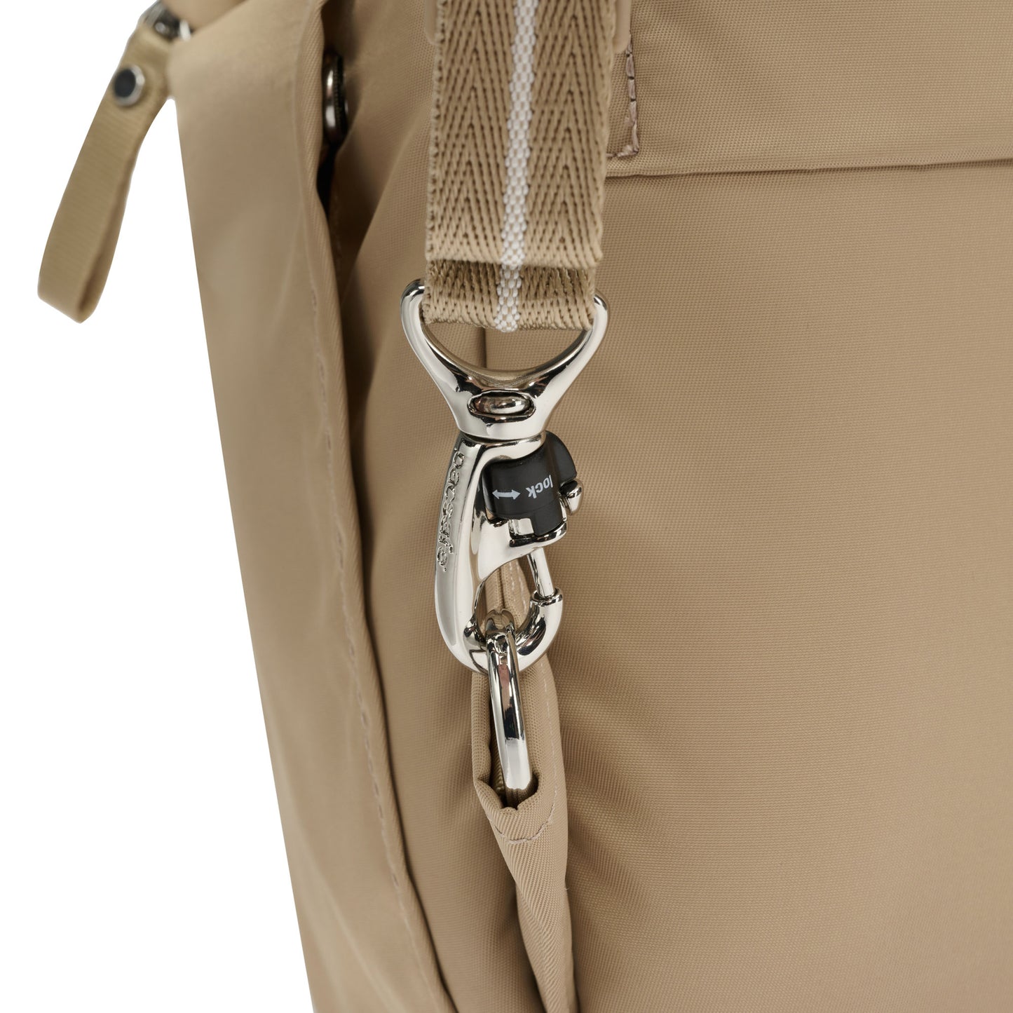 Close up of turn n lock clip on backpack strap.