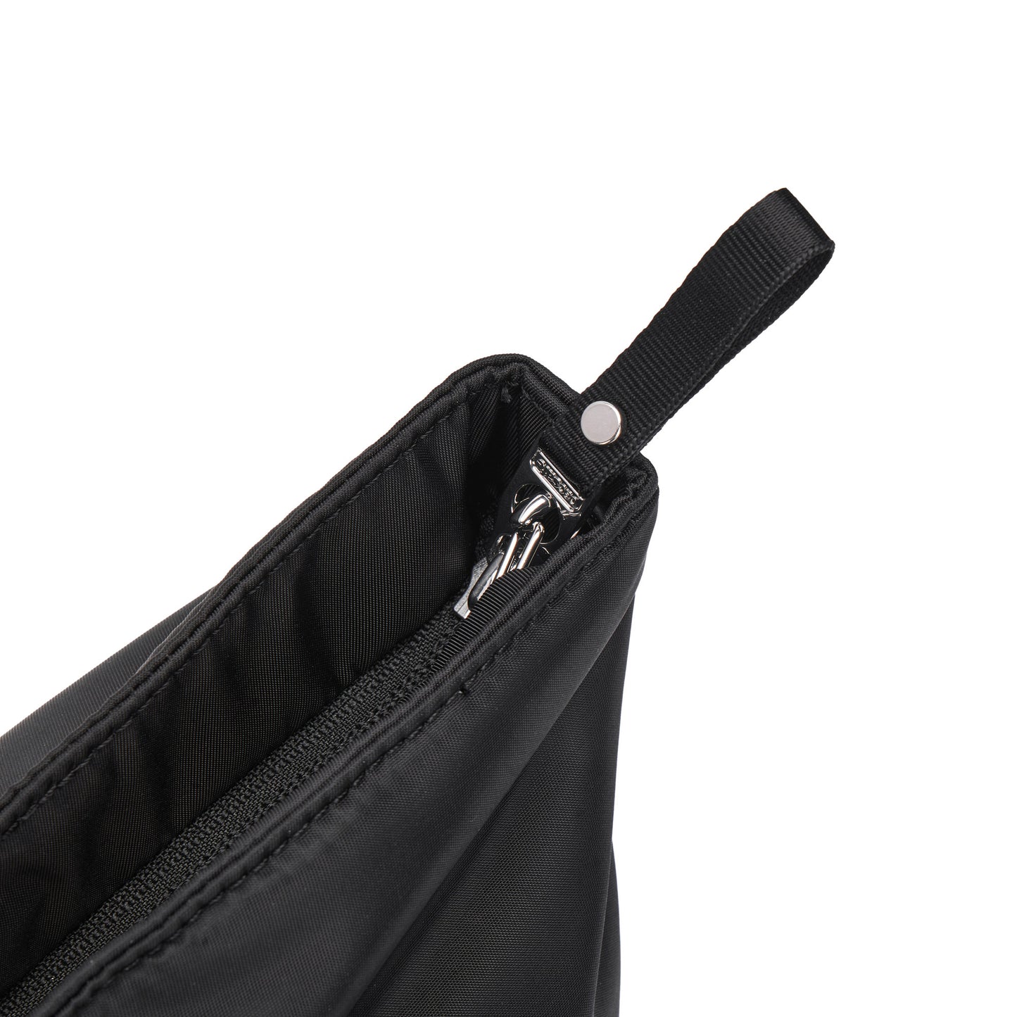 Close-up of Pacsafe® W Anti-theft Carryall Tote, a black recycled polyester pouch, partially unzipped.