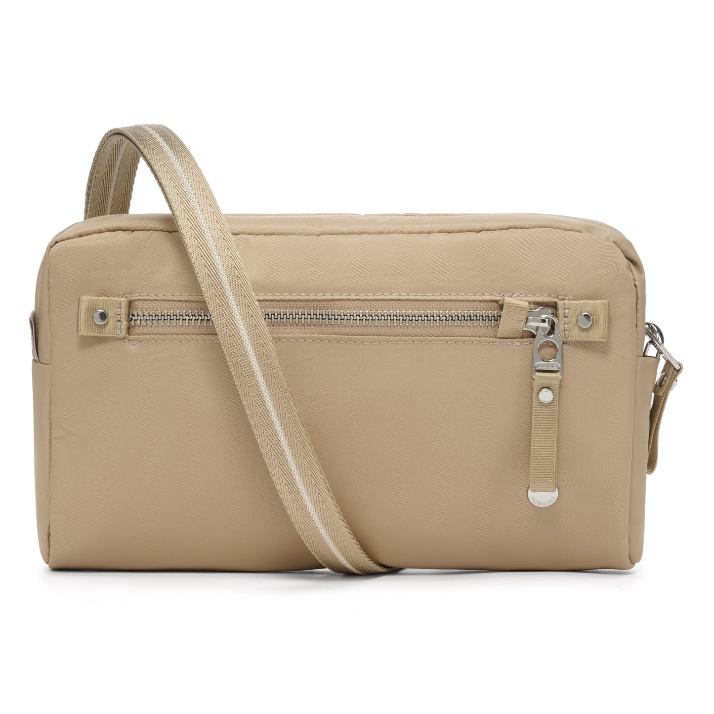 Pacsafe® W Anti-theft 3-in-1 Sling, taupe, front view with horizontal zipper