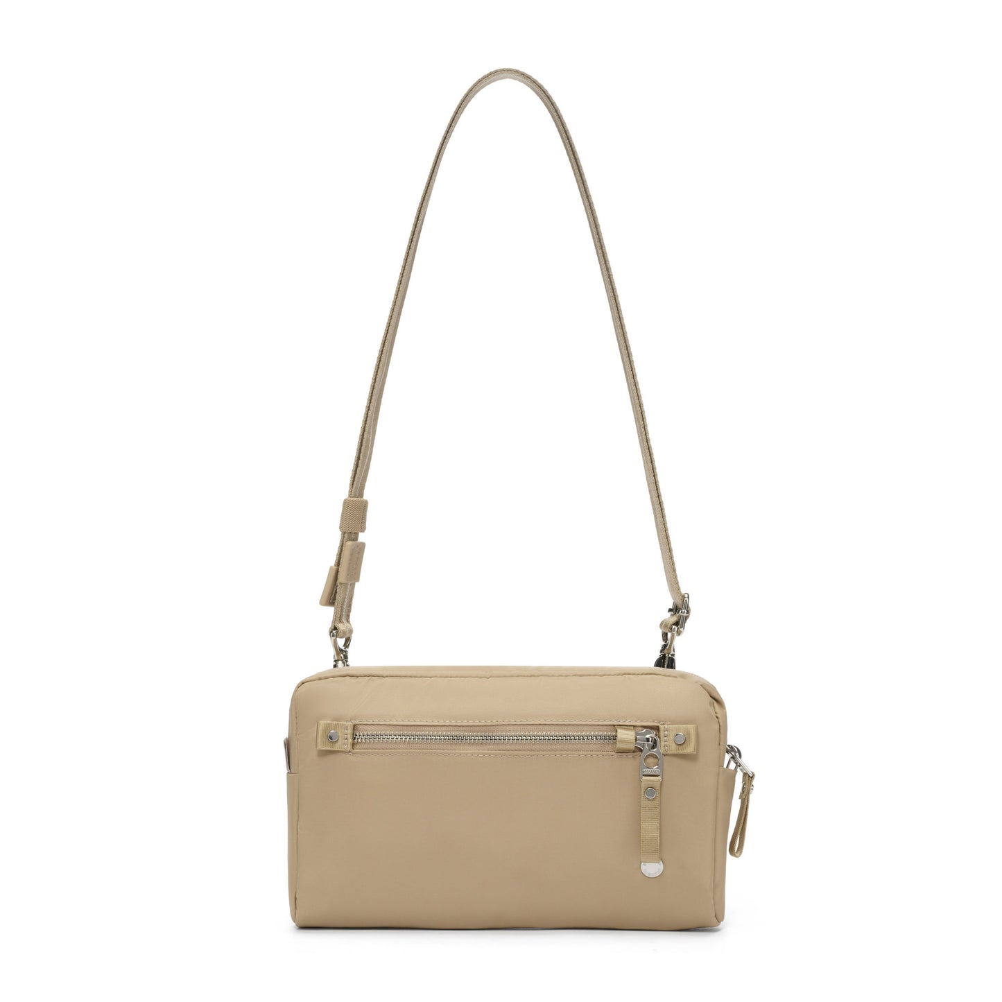 Pacsafe® W Anti-theft 3-in-1 Sling, taupe, front view with crossbody strap fully extended