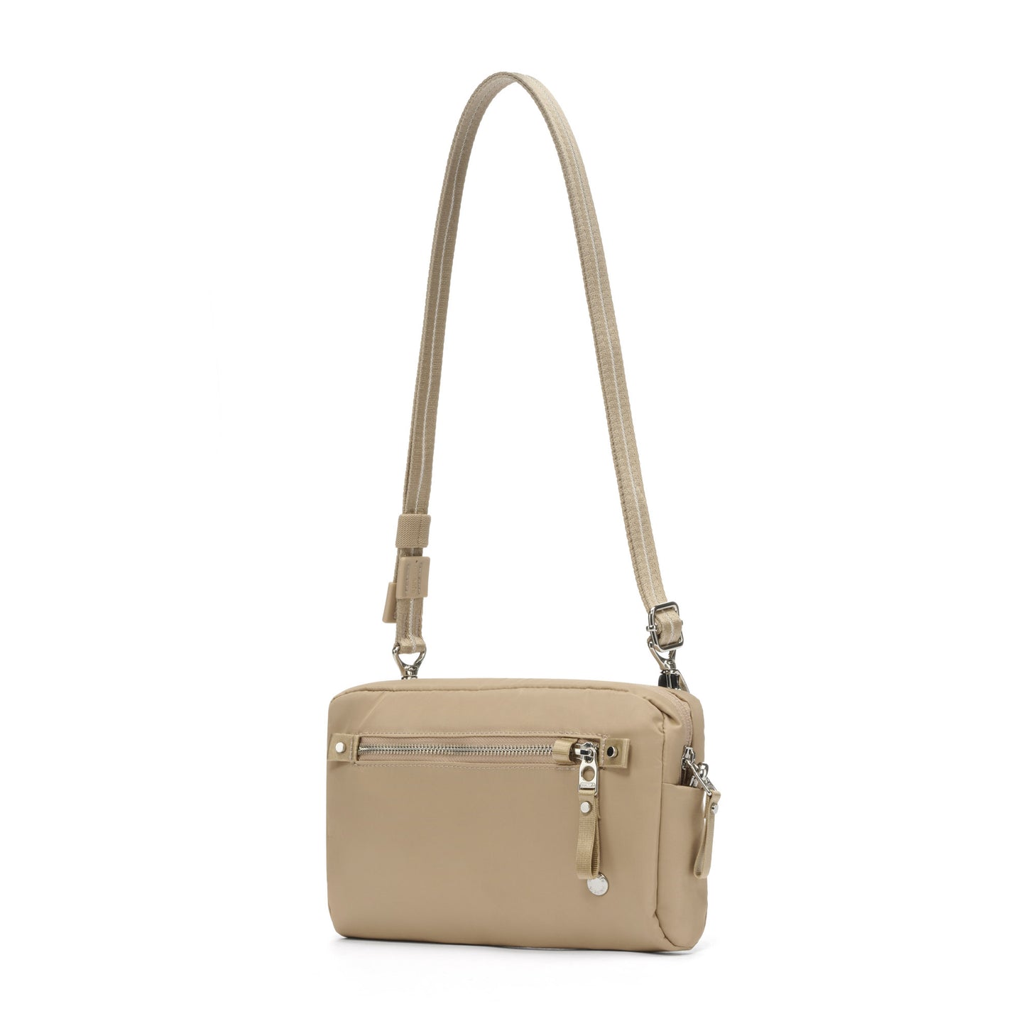 Pacsafe® W Anti-theft 3-in-1 Sling, taupe, front angled view with crossbody strap fully extended