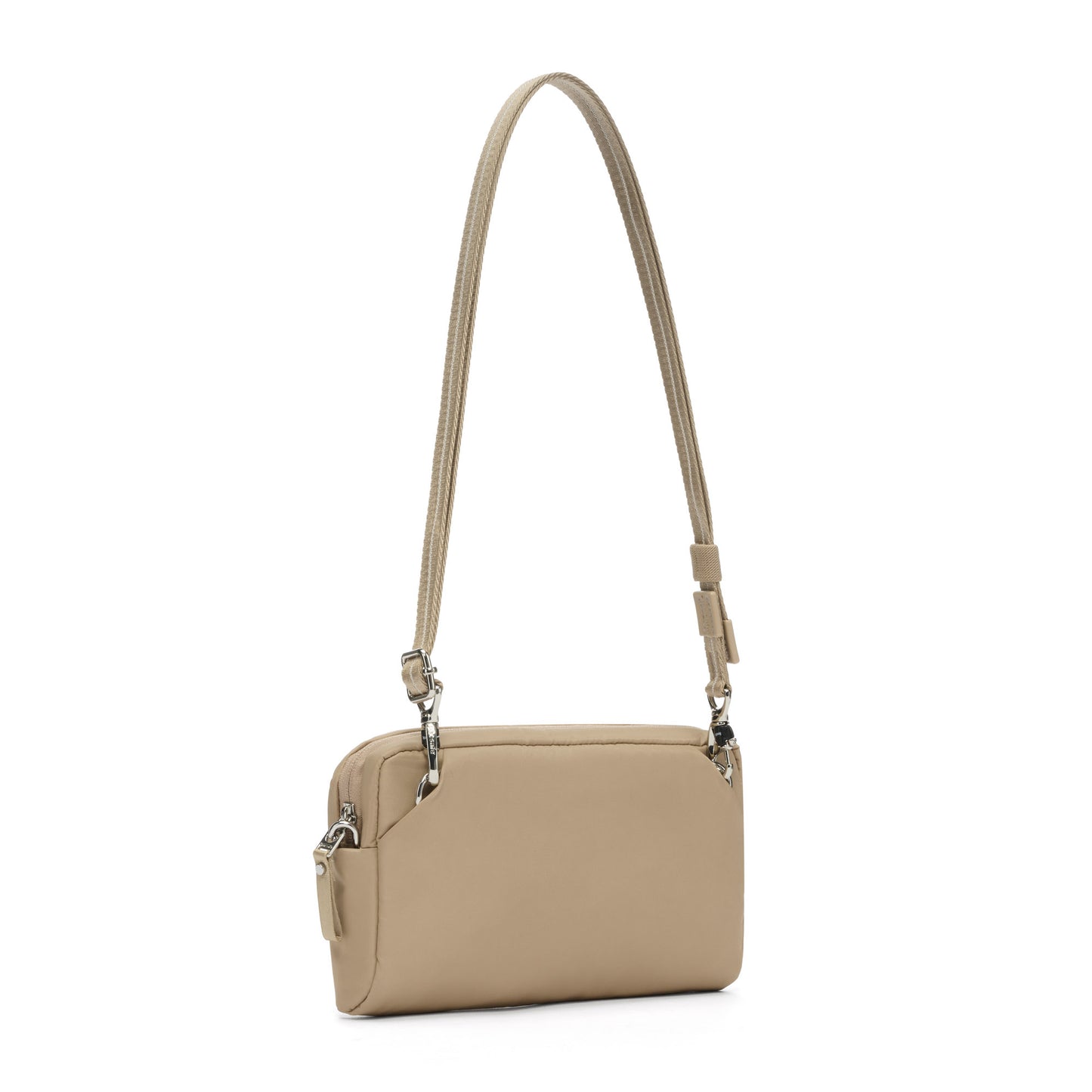 Pacsafe® W Anti-theft 3-in-1 Sling, taupe, back angled view with crossbody strap fully extended