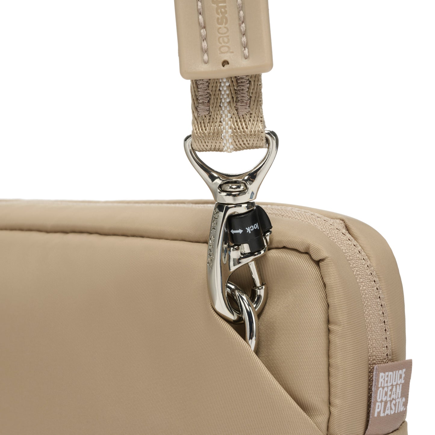 Close up of turn n lock clip on crossbody strap