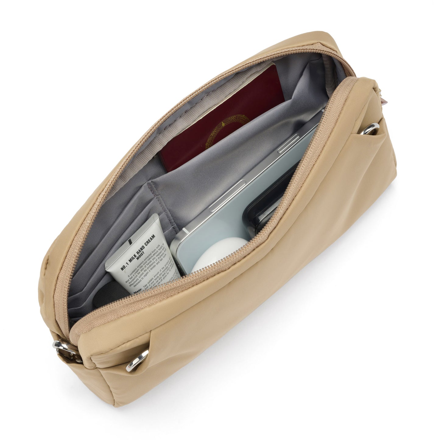 Open view of Pacsafe® W Anti-theft 3-in-1 Sling, taupe