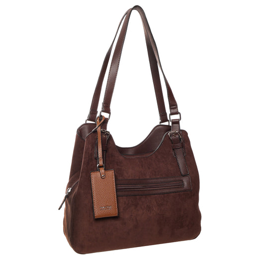 Product Image – Seven Days Jelly Fish Faux Suede Handbag in dark brown, triple compartments, long straps, on white background.