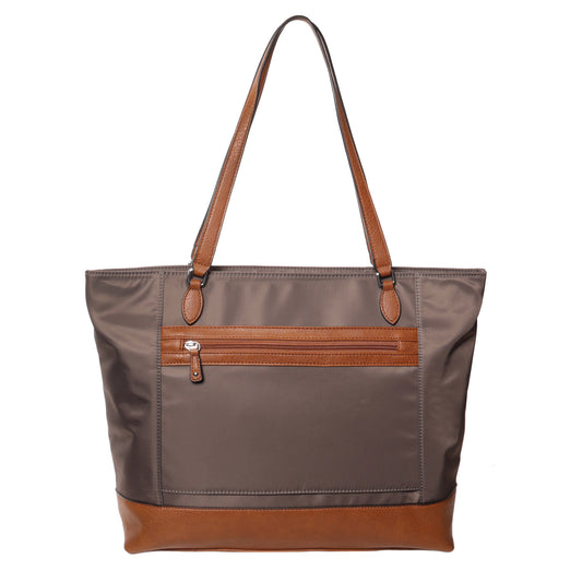 Product Image – Seven Days Pachira Nylon Tote: gray nylon, brown leather handles, zip pocket, laptop slip for daily security.