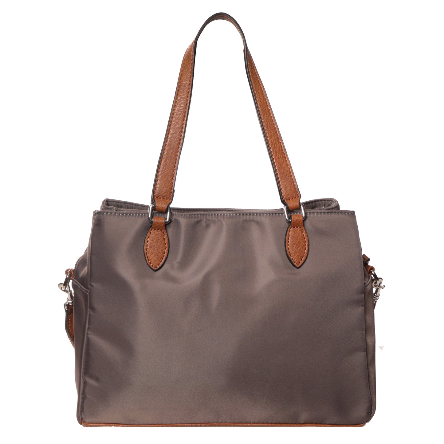 Seven Days Albizia Nylon Tote in gray with brown leather handles and trim, shown on a white background.