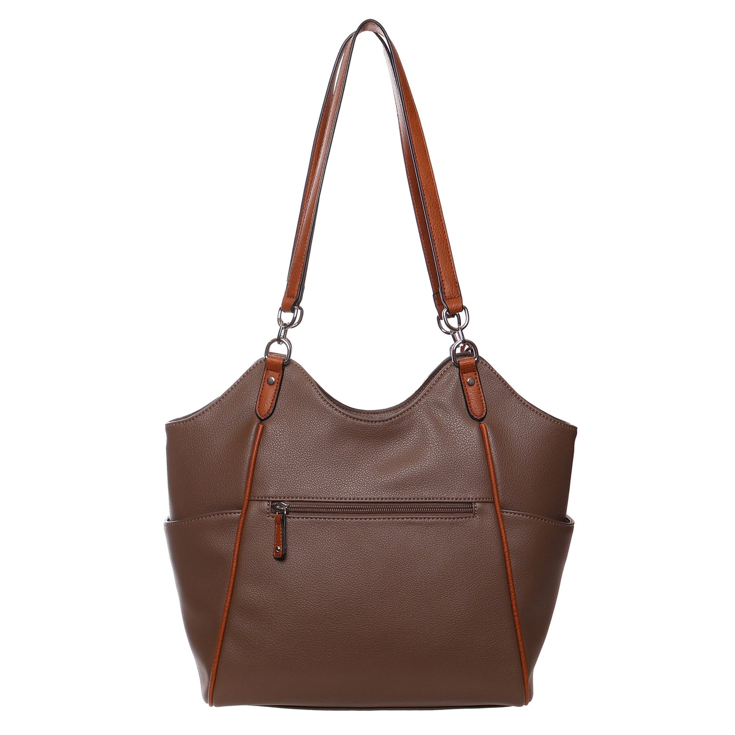 Seven Days Ficus RFID Tote in brown leather with double straps, smart organization, and zipper pockets.