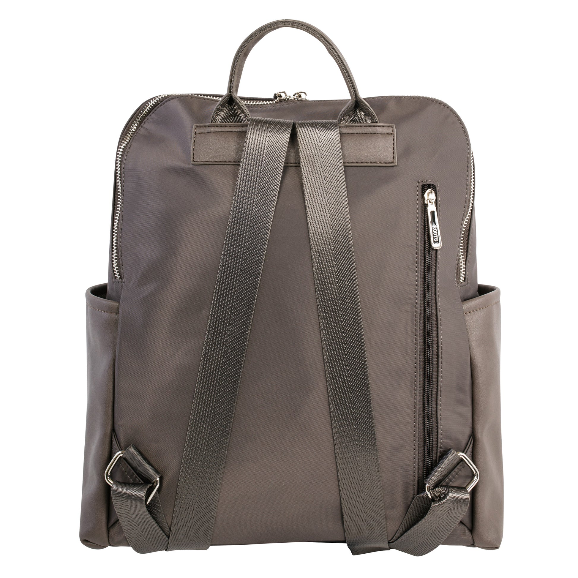 Durable gray Roots Backpack with removable front pouch, two straps, side pockets, and zippered back pocket.