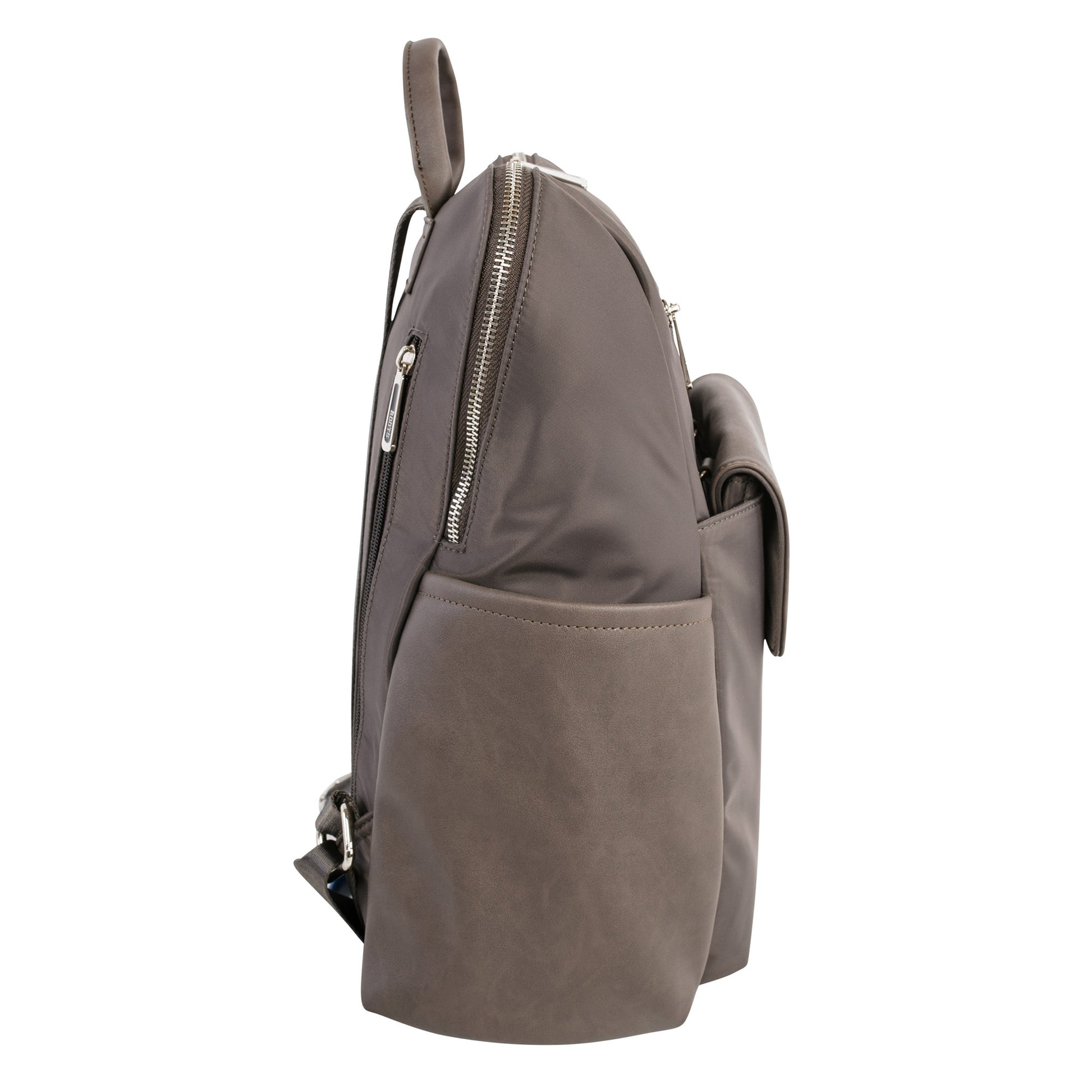 Side view of the Roots Backpack with Removable Front Pouch, featuring zip compartments, on a white background.