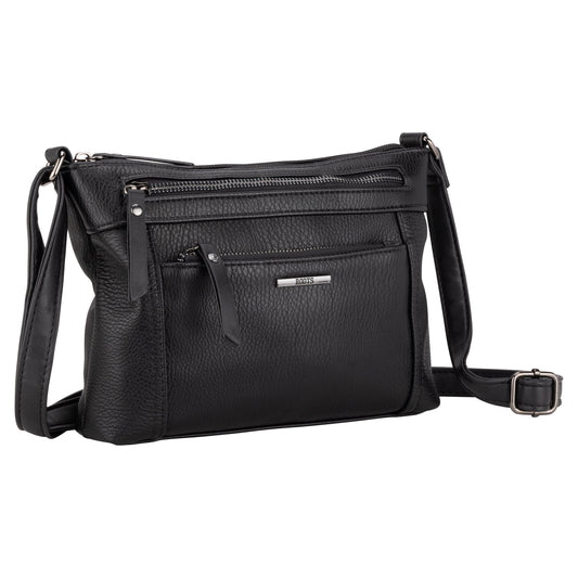 Product Image – The Roots 2 Front Pocket Crossbody is a compact faux leather bag with dual zip pockets and an adjustable strap.