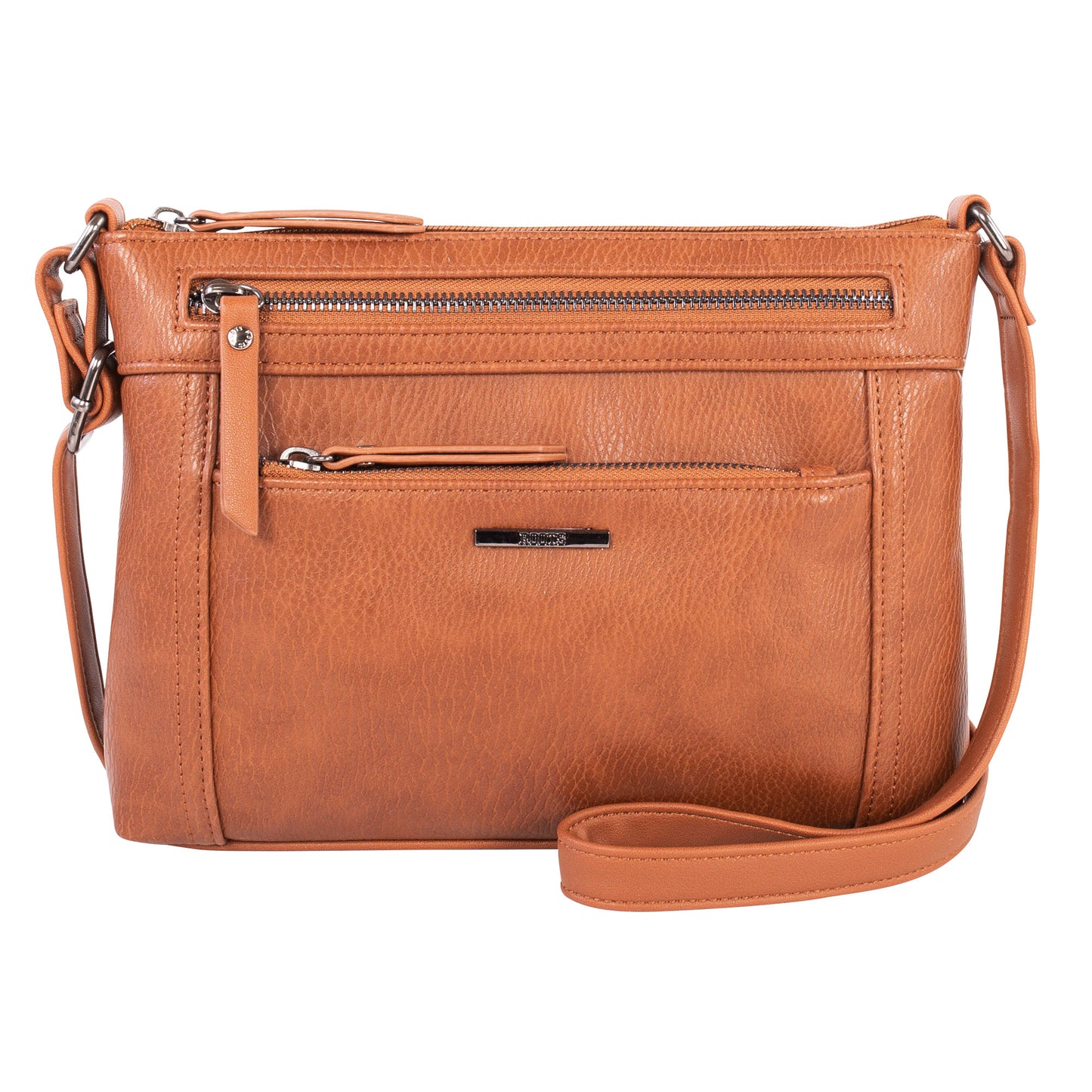 Roots 2 Front Pocket Crossbody by Roots with two zippered pockets and adjustable strap, shown on white background.