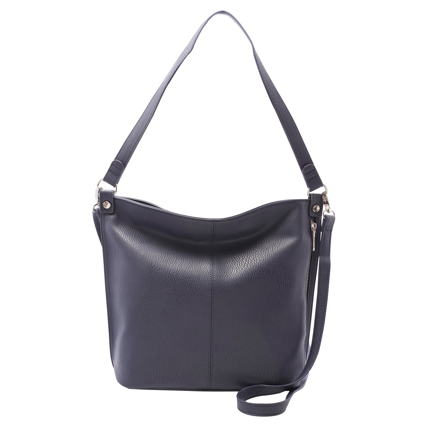Roots Hobo Handbag by Roots in black faux leather with short shoulder strap and adjustable crossbody strap.