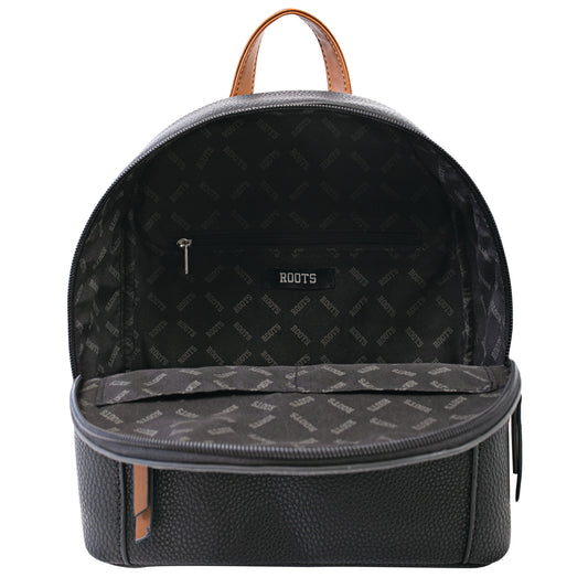 Product Image – Roots Faux Leather Backpack in black with brown handle, contrast trim, and inner zip pocket shown open.