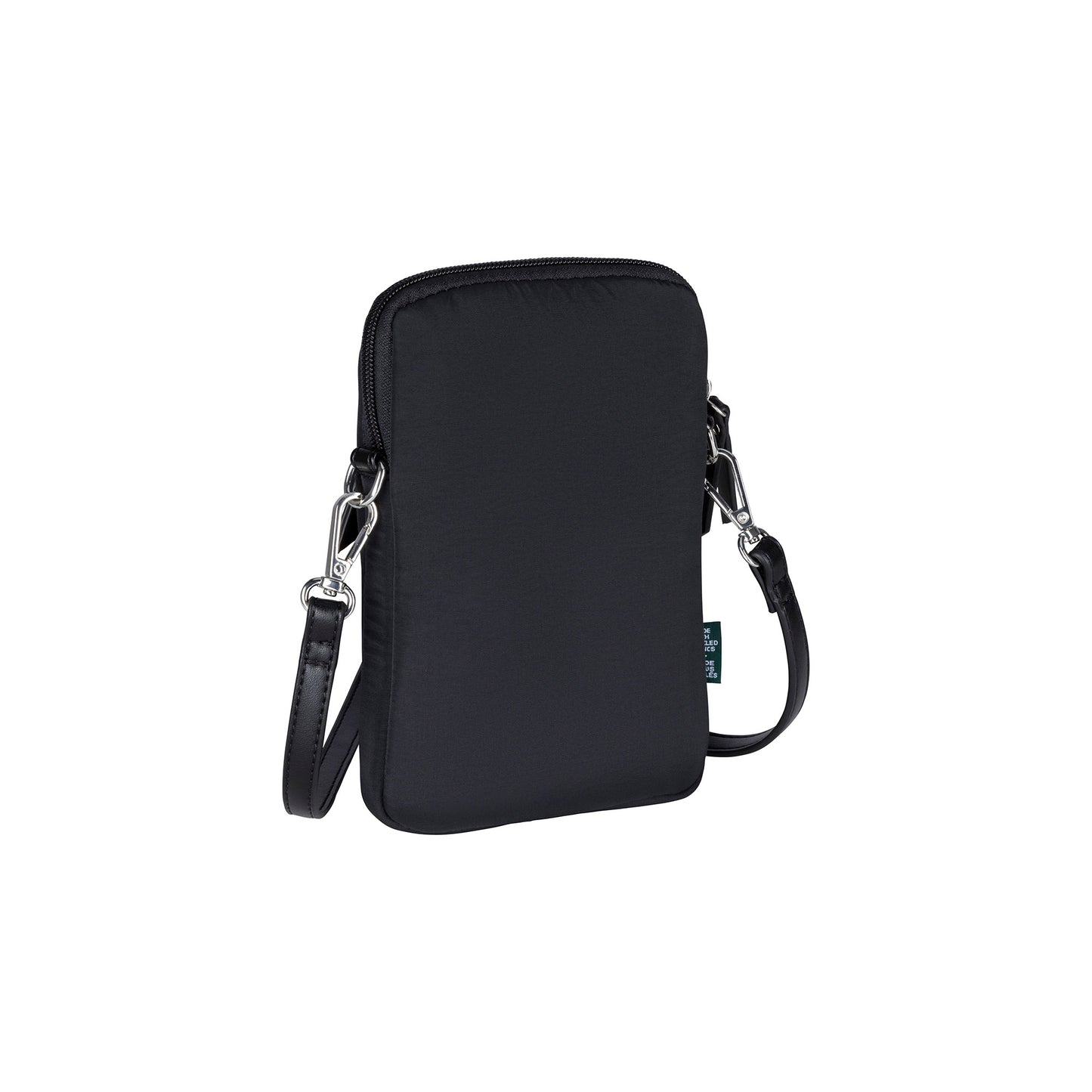 Roots Phone Crossbody, black with black strap and zipper, back angled view