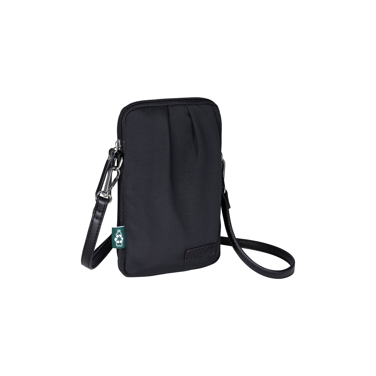 Roots Phone Crossbody, black with black strap and zipper, front angled view