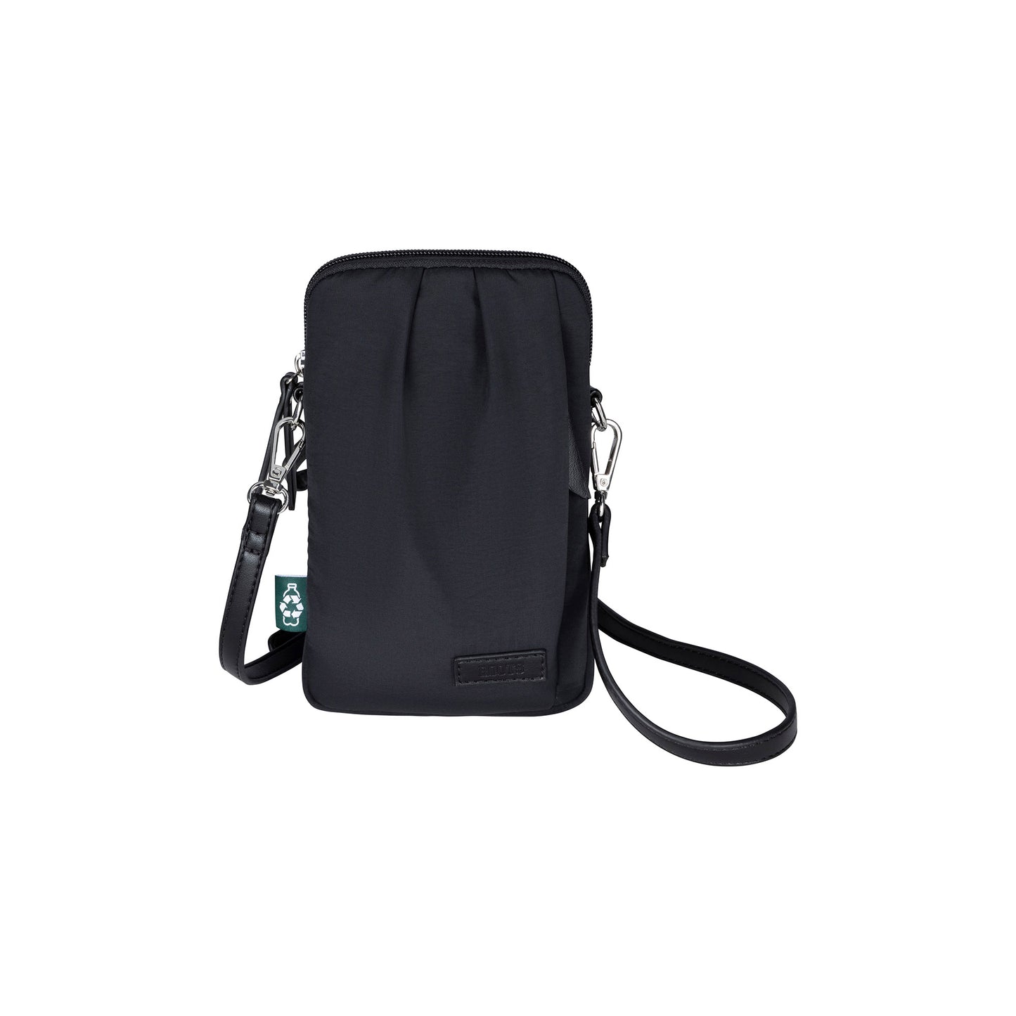 Roots Phone Crossbody, black with black strap and zipper, front view