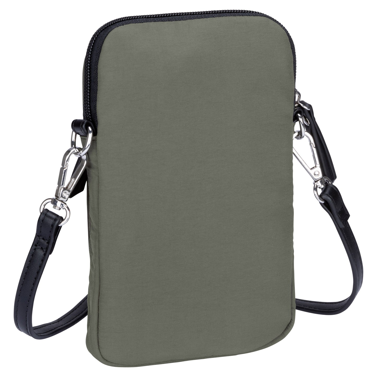 Roots Phone Crossbody, khaki with black strap and zipper, back angled view