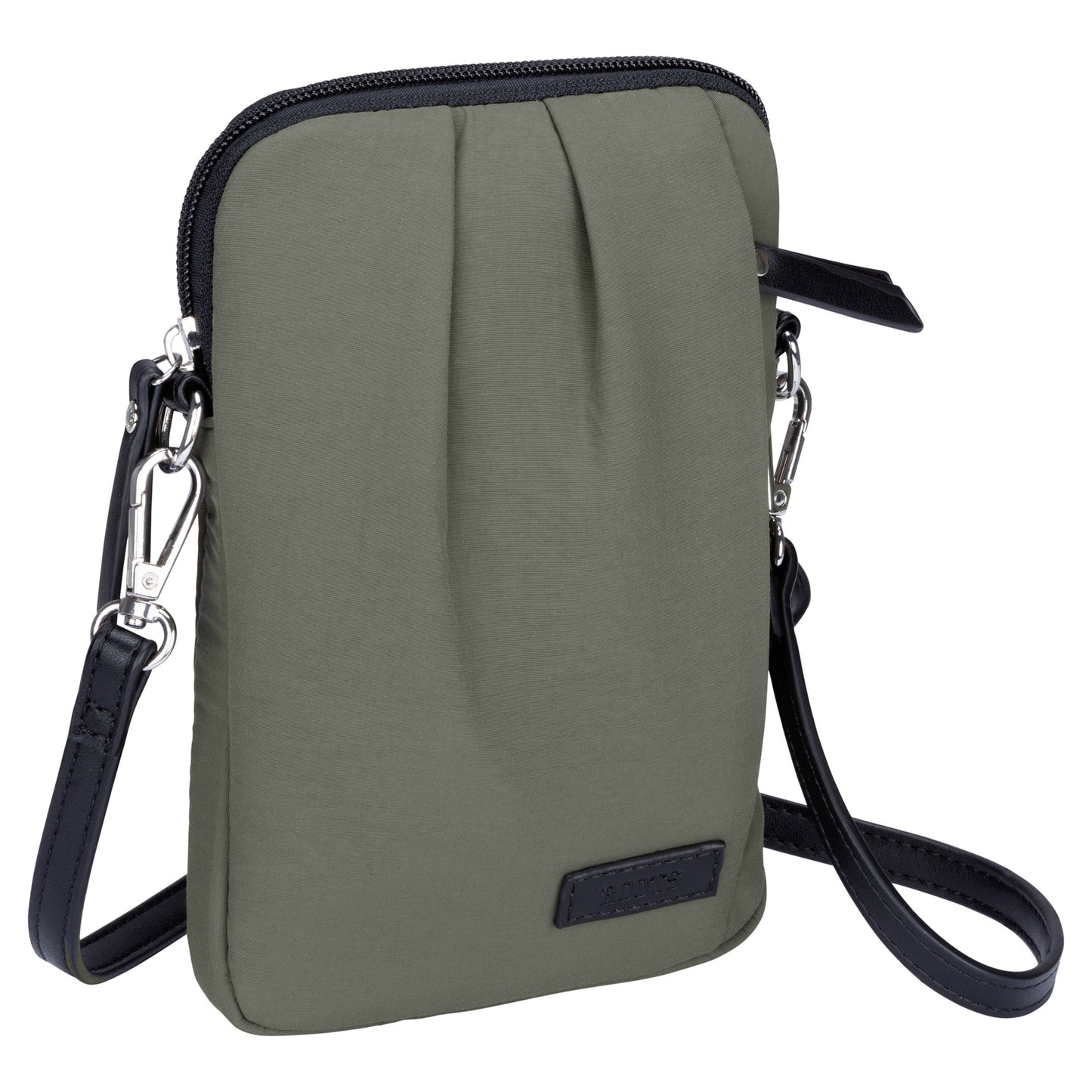Roots Phone Crossbody, khaki with black strap and zipper, front angled view