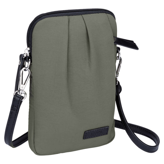 Product Image – Roots Phone Crossbody, khaki with black strap and zipper, front angled view