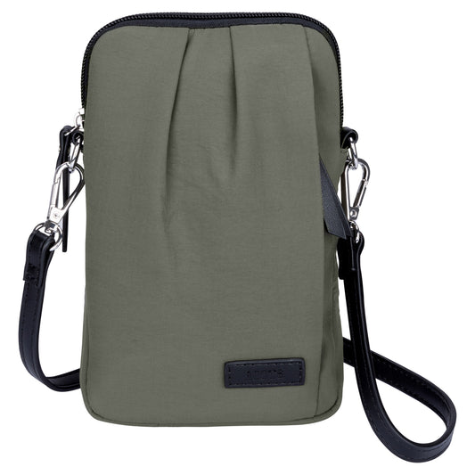 Product Image – Roots Phone Crossbody, khaki with black strap and zipper, front view