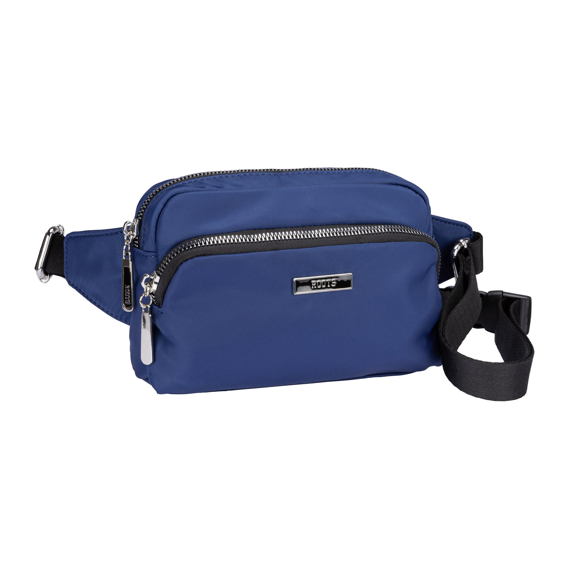 The Roots Ally Fanny Pack with Rounded Top is blue, hands-free, and features an adjustable waist strap.