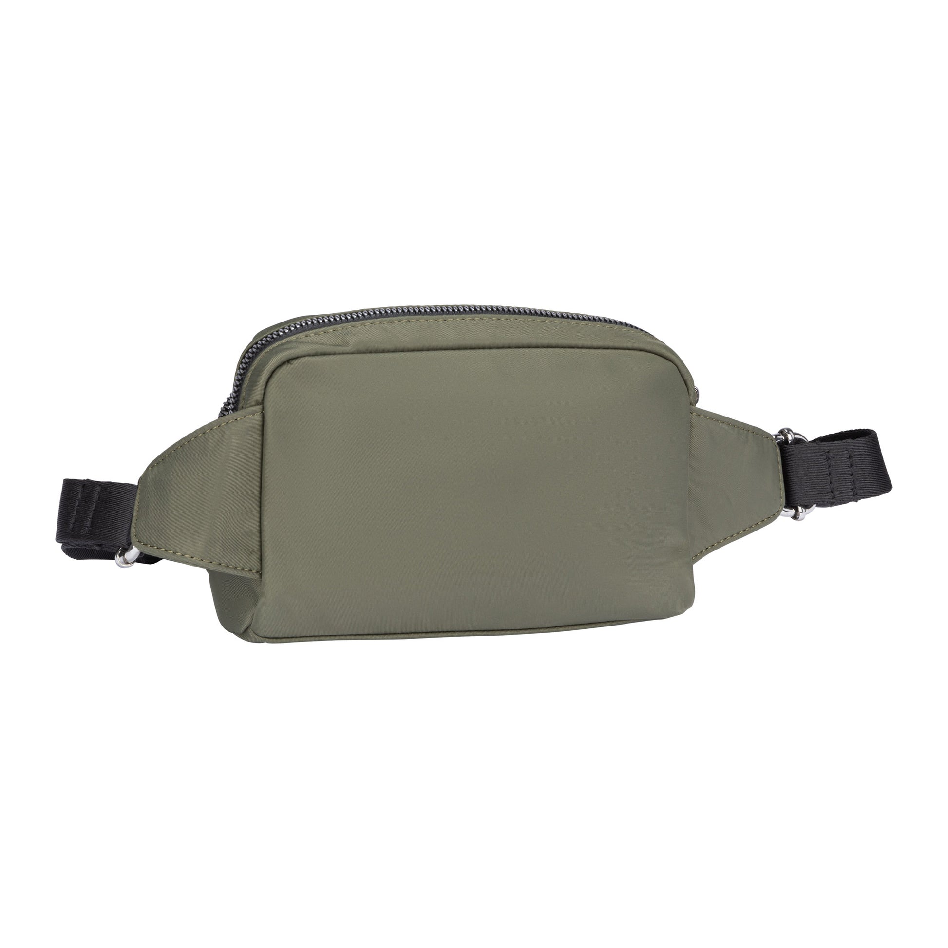 Back of a khaki Roots Ally Fanny Pack with rounded top and adjustable strap, on a white background.