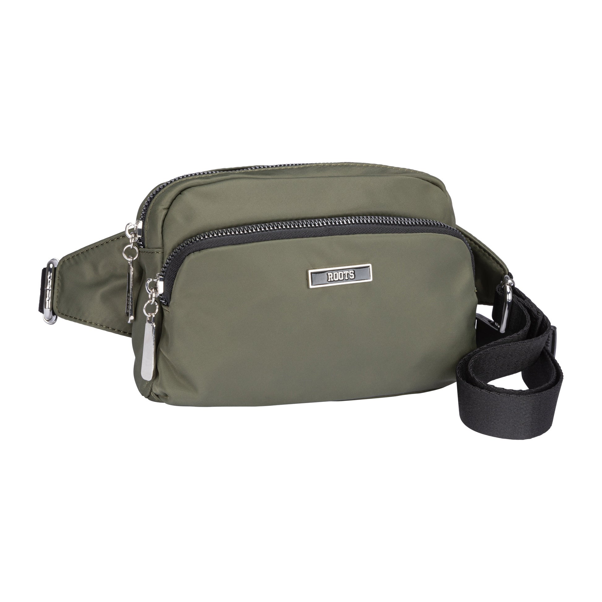 Khaki Roots Ally Fanny Pack with rounded top, two zippered compartments, and adjustable waist strap.
