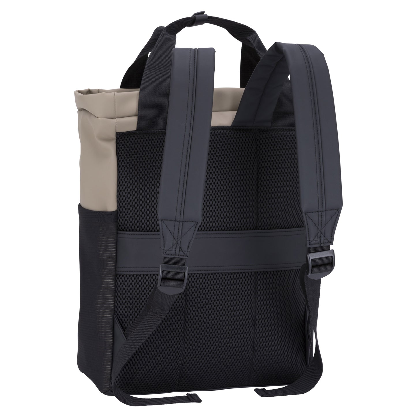 Back view of the Roots Hamilton Tote Backpack in beige and black with a laptop compartment and mesh panel.