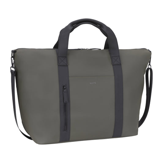 Product Image – The Roots Rhaego 2.0 Overniter Bag - ONLINE ONLY is ideal for today's traveler, boasting a sleek khaki and black design that balances style with functionality. It includes double handles and a detachable shoulder strap, offering versatile carrying options.