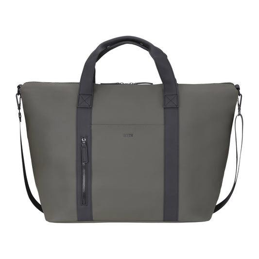 Product Image – The Roots Rhaego 2.0 Overniter Bag - ONLINE ONLY, from the brand Roots, is a khaki green tote with black handles and straps. It features a front zipper pocket and a detachable shoulder strap, making it an ideal blend of style and functionality for the modern traveler embarking on any adventure.