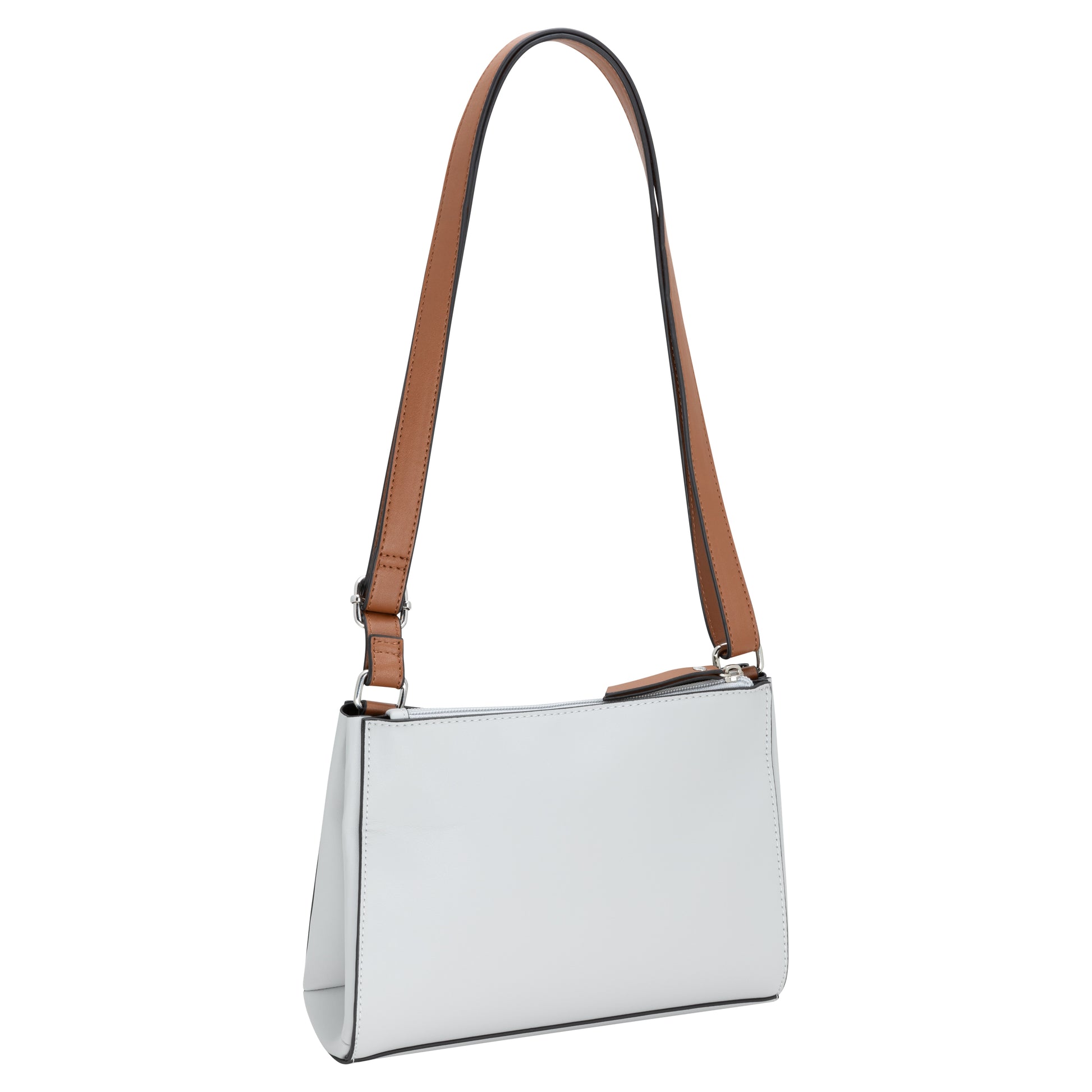 Roots Crossbody light grey with a brown adjustable strap, white polyurethane, and front open slip pocket.