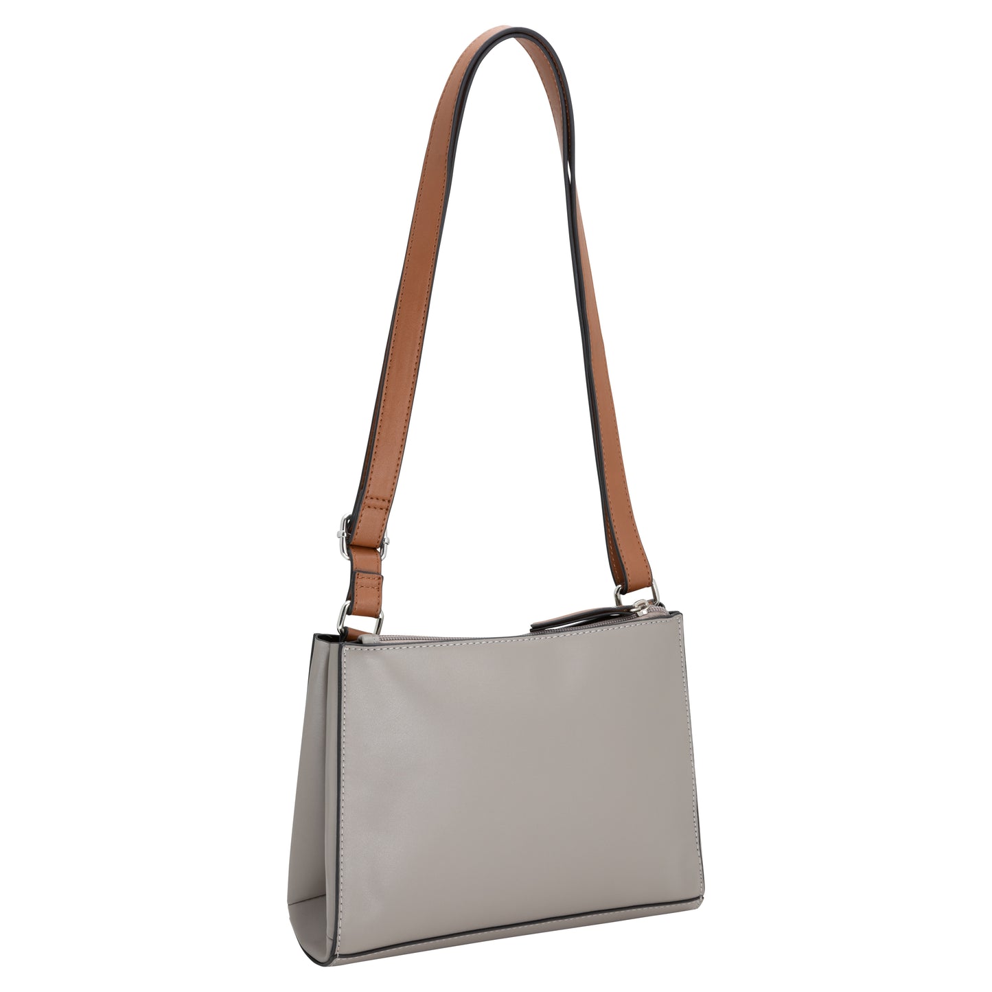 Side view of the Roots Crossbody taupe with a rectangular design and brown adjustable shoulder strap.