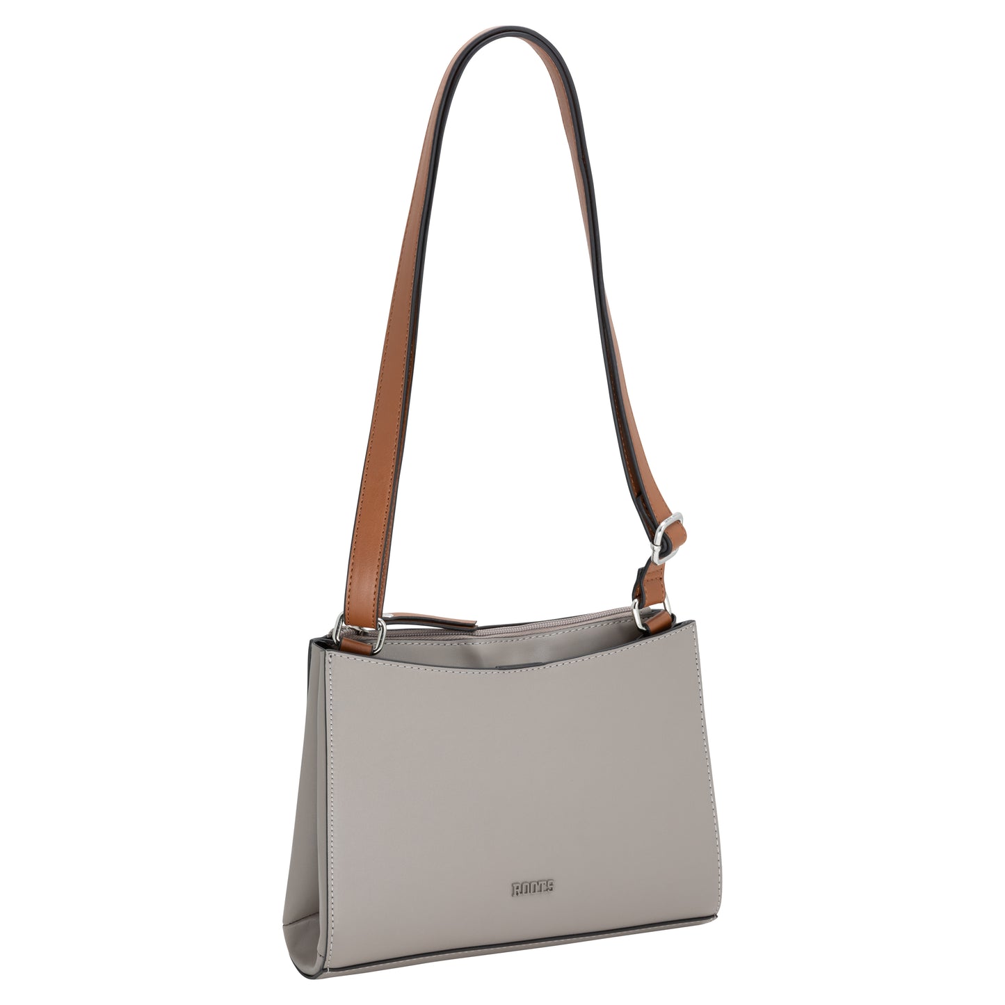 Roots Crossbody taupe features an adjustable strap, front slip pocket, and embossed logo.