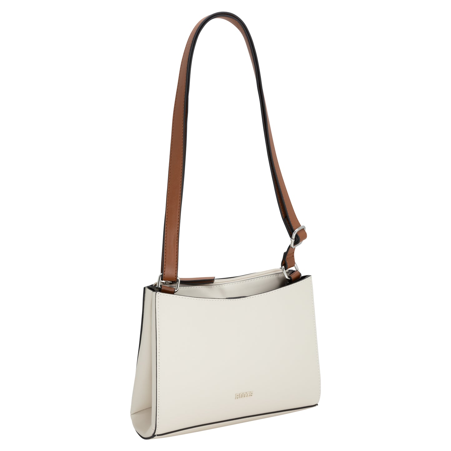 Roots Crossbody ivory with a brown strap, silver hardware, and angled view by Roots.