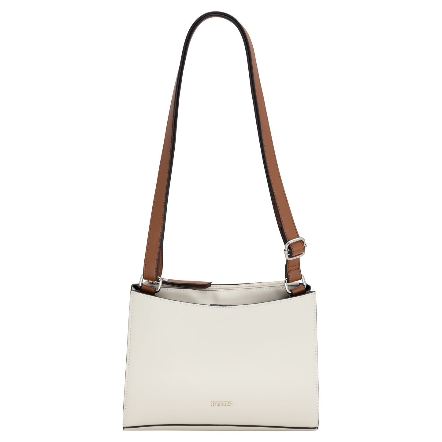 A minimalist beige Roots crossbody bag with black trim and an adjustable brown strap, named "Front Open Slip Pocket.