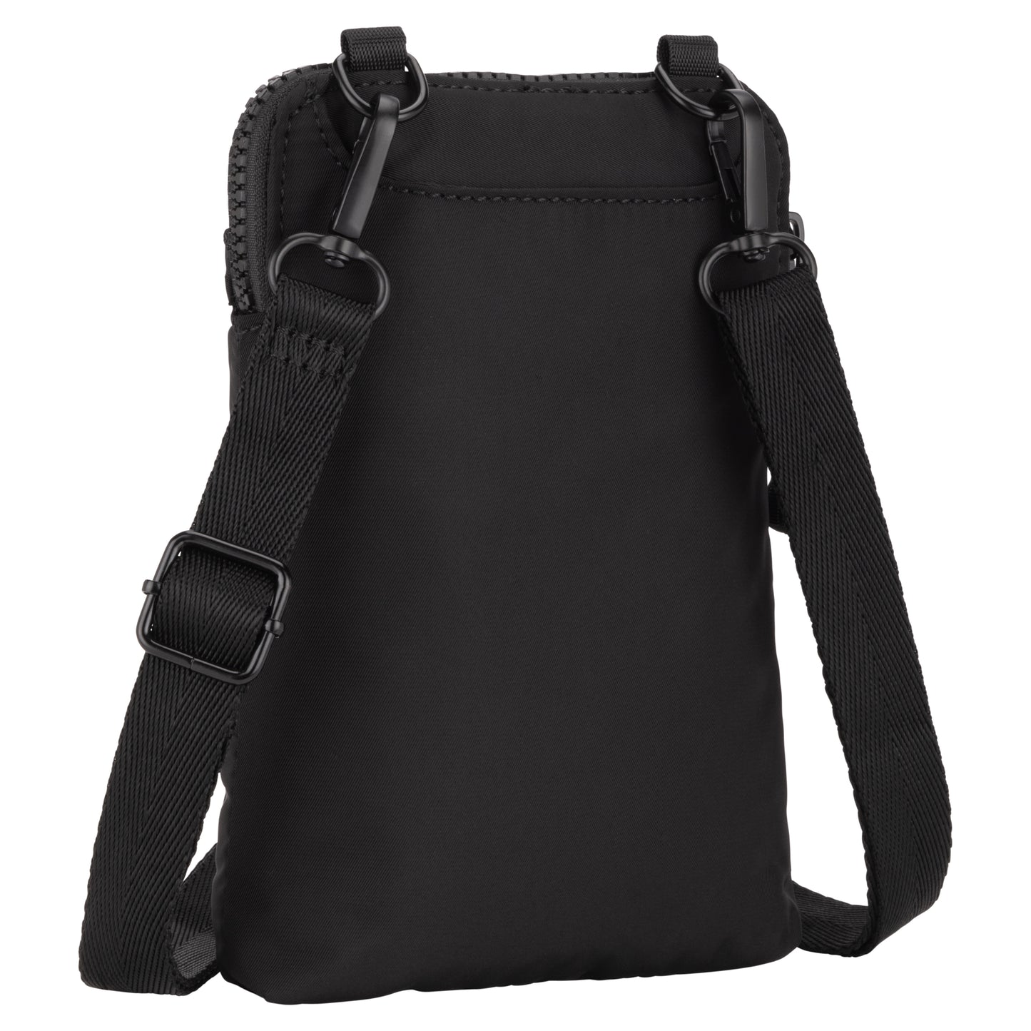 Roots Kammy Wavy Quilted Cellphone Crossbody in black with an adjustable strap and zipper closure.