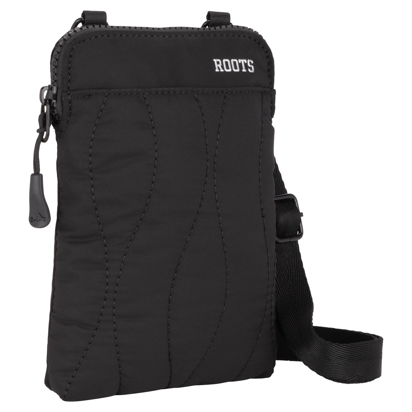Roots Kammy Wavy quilted cellphone crossbody in black, with a zipper closure and an adjustable slider strap.