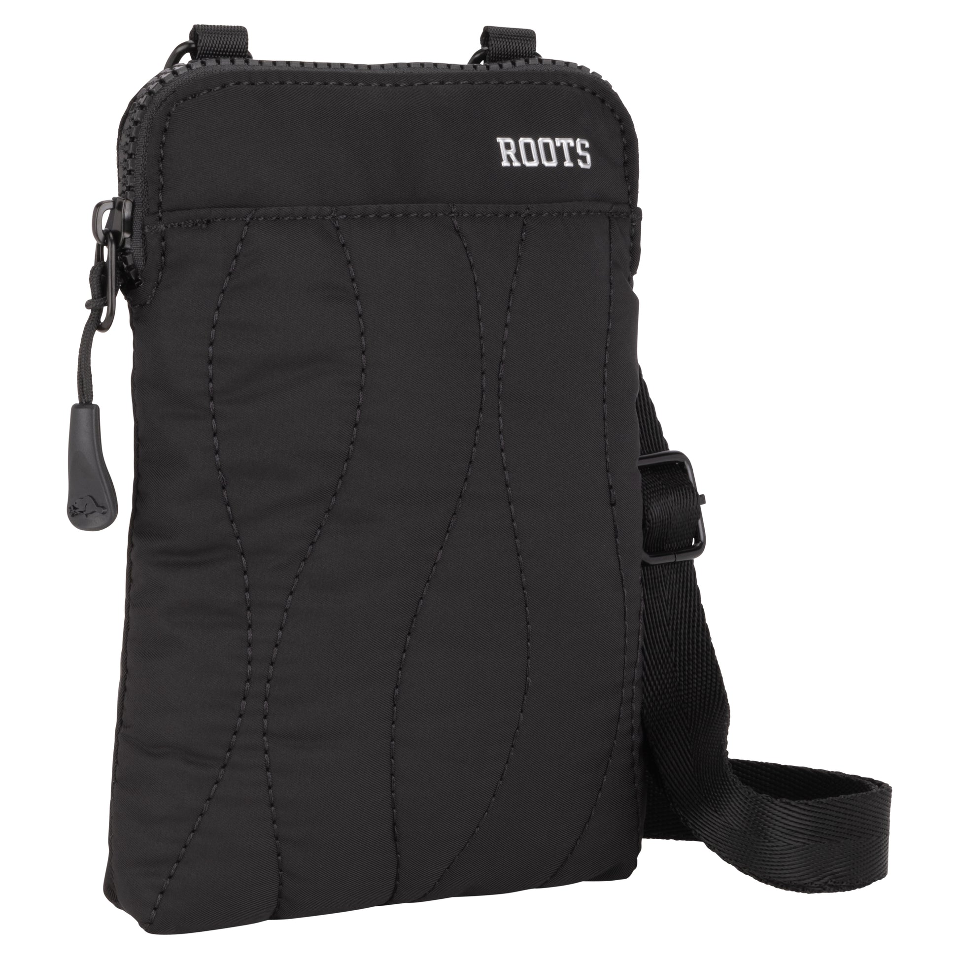 Roots Kammy Wavy quilted cellphone crossbody in black, with a zipper closure and an adjustable slider strap.