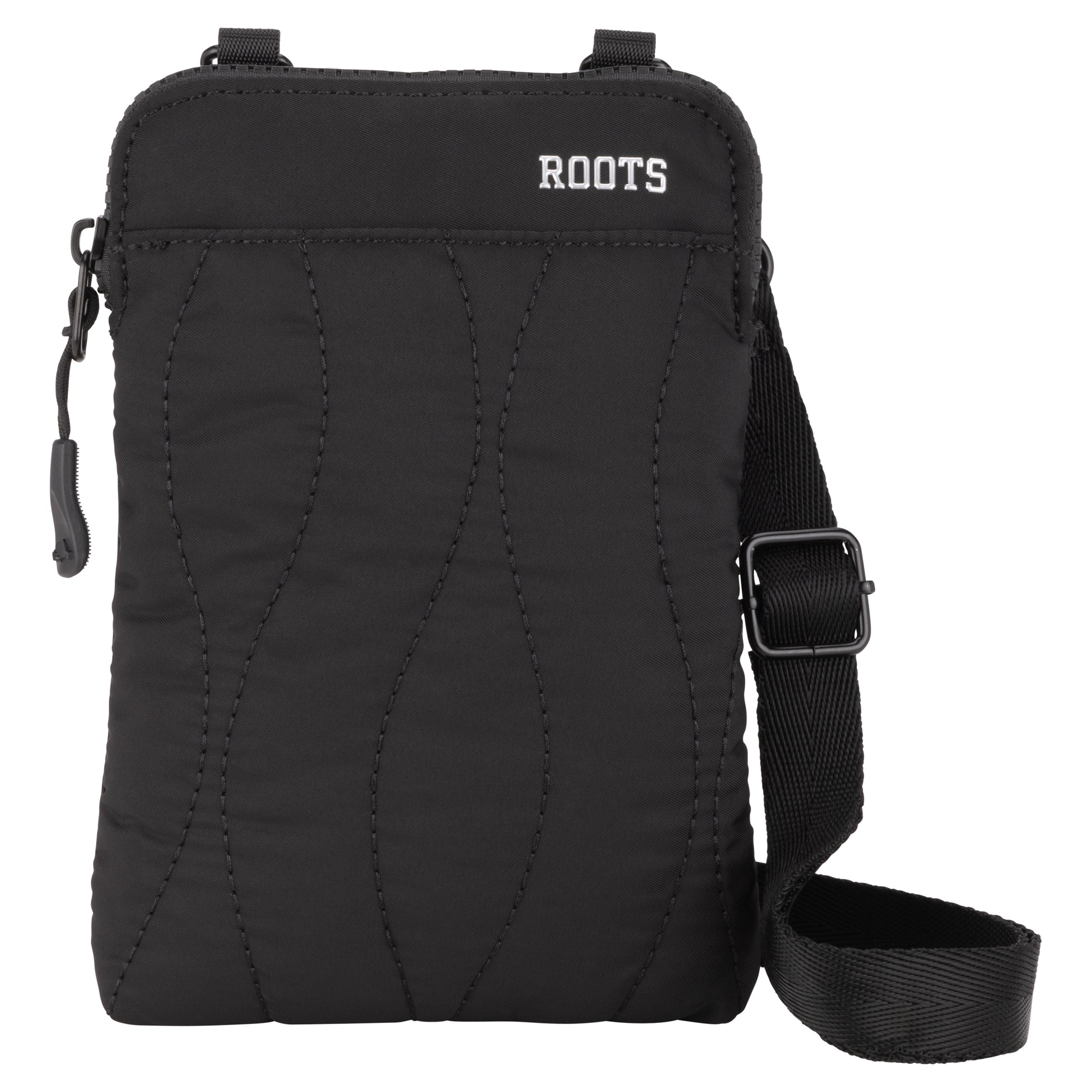 Roots Kammy Wavy Quilted Cellphone Crossbody with adjustable strap and "ROOTS" branding on top right.