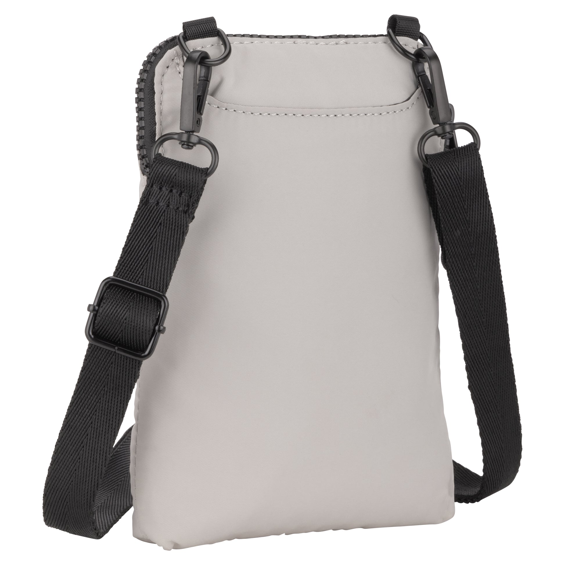 Roots Kammy Wavy Quilted Crossbody in gray with an adjustable slider strap and clip attachments.