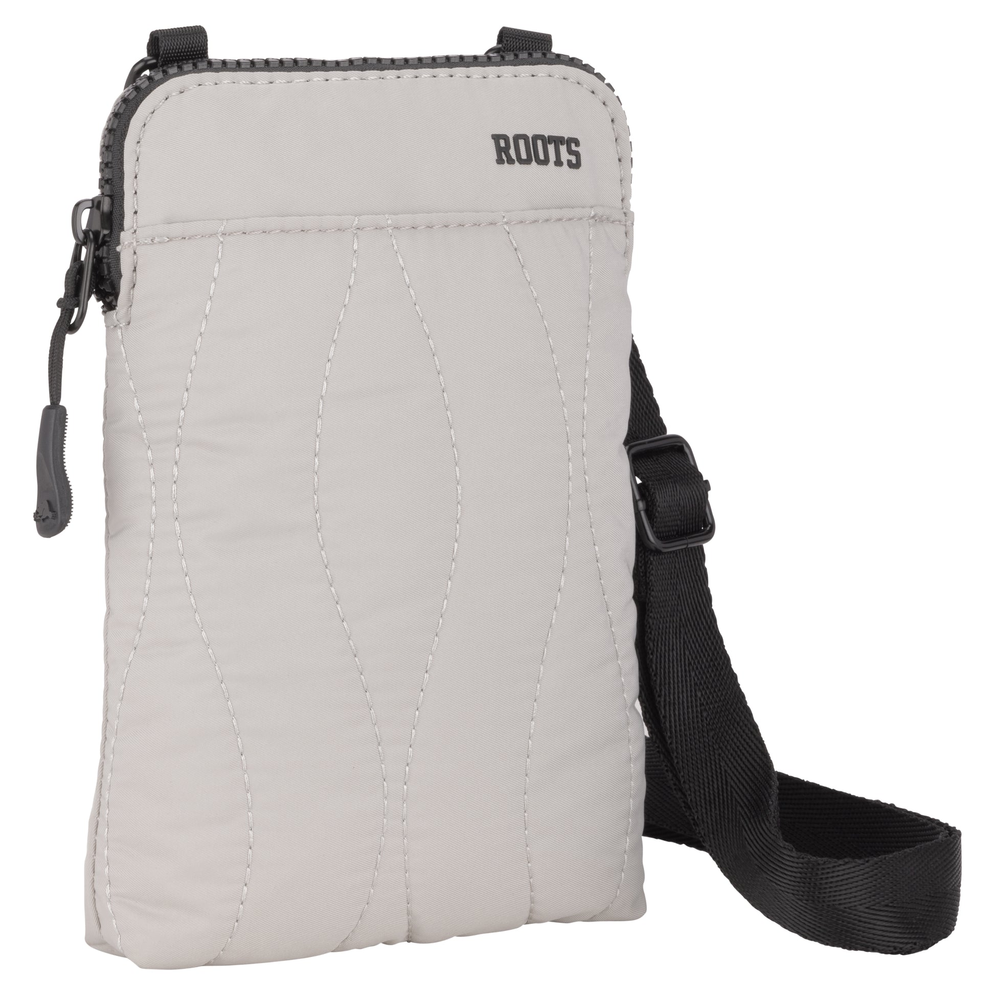 A Roots Kammy Wavy Quilted Cellphone Crossbody with a zipper and adjustable black strap.