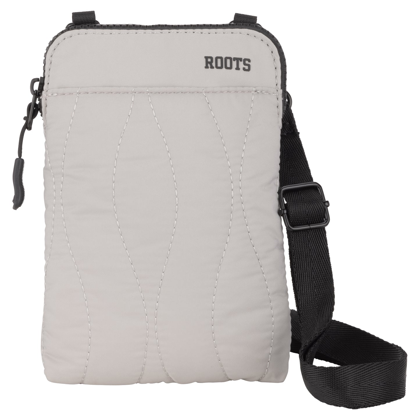 Roots Kammy Wavy Quilted Cellphone Crossbody with black adjustable slider strap and "ROOTS" logo on the front.
