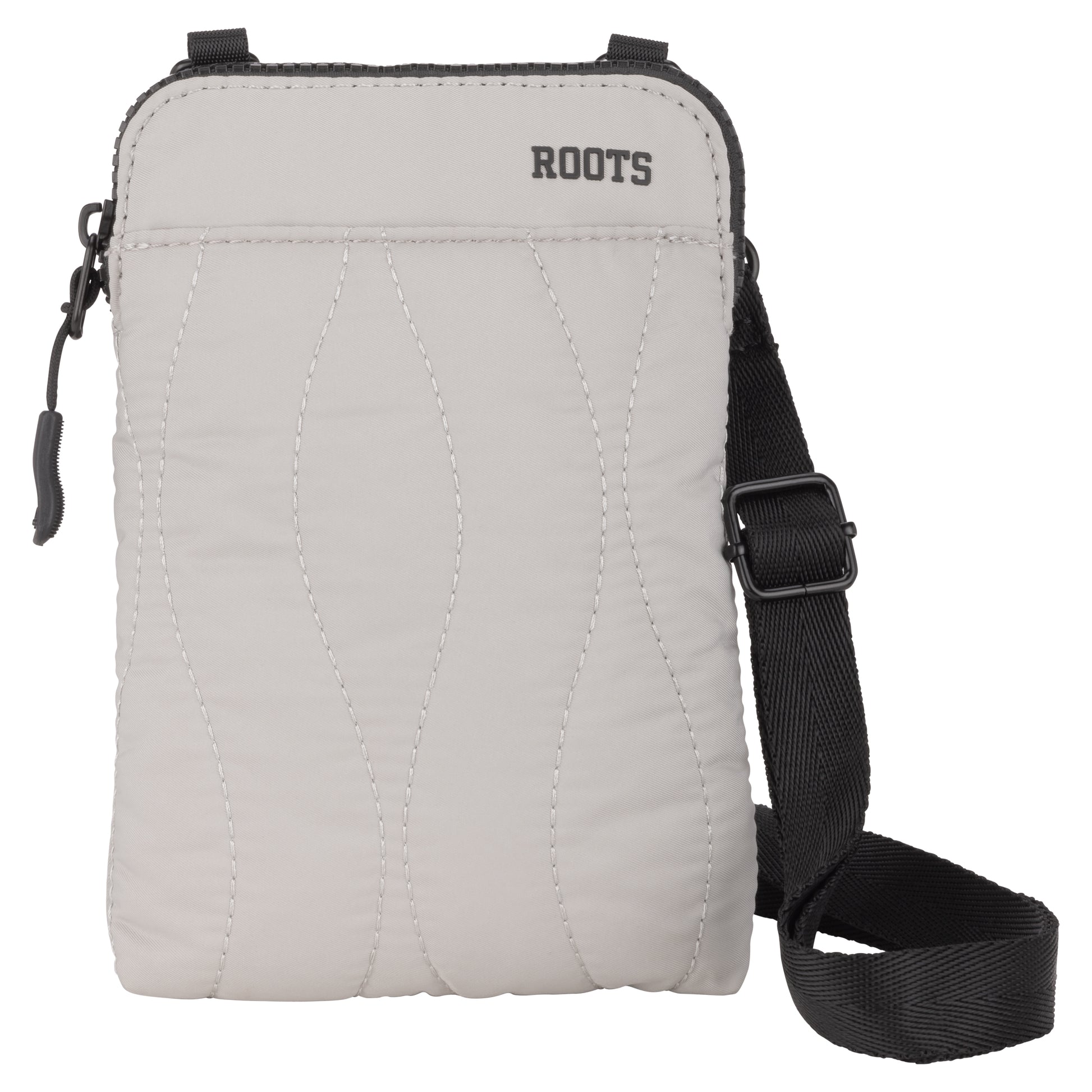 Roots Kammy Wavy Quilted Cellphone Crossbody with black adjustable slider strap and "ROOTS" logo on the front.