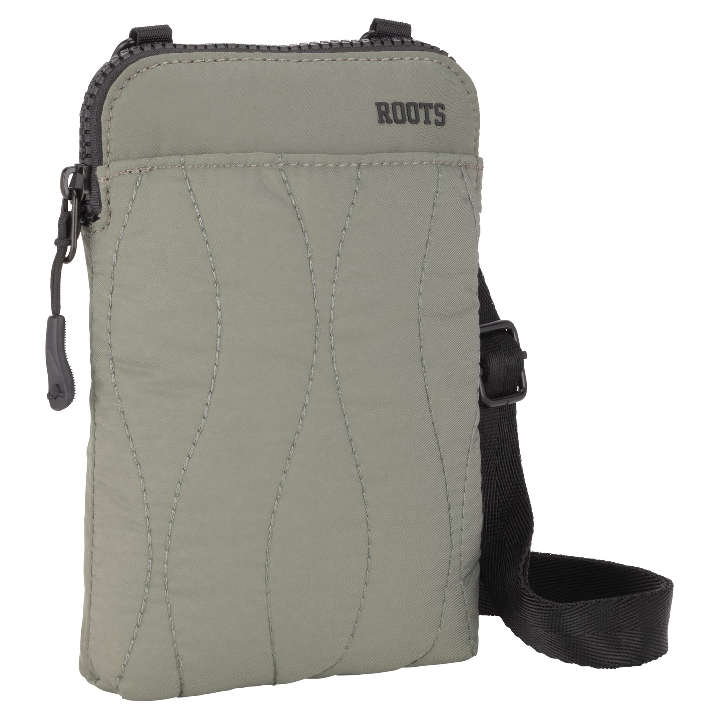 Roots Kammy quilted cellphone crossbody with black strap and zipper, featuring "ROOTS" on the front.