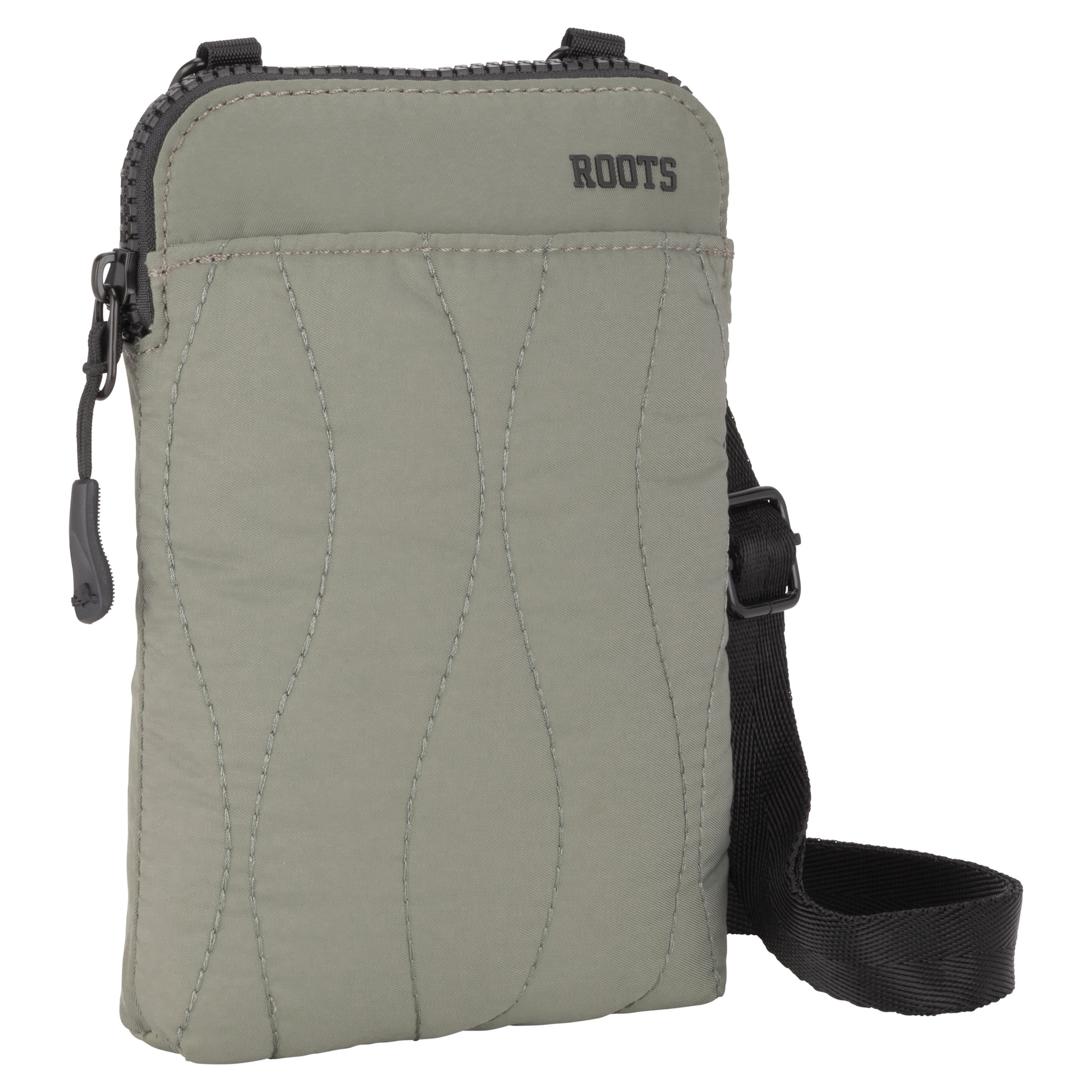Roots Kammy quilted cellphone crossbody with black strap and zipper, featuring "ROOTS" on the front.