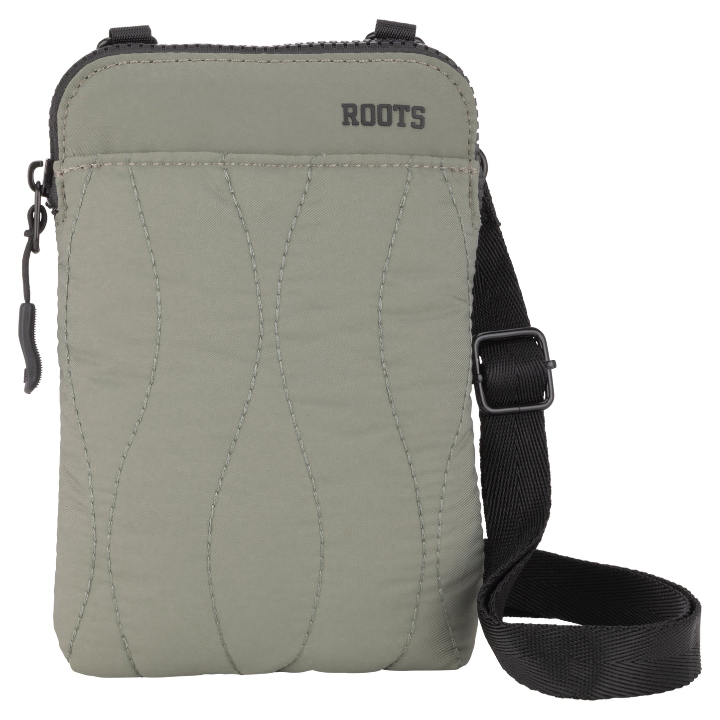 Roots Kammy Wavy Quilted Cellphone Crossbody in sage green has a zipper and black adjustable strap for essentials.