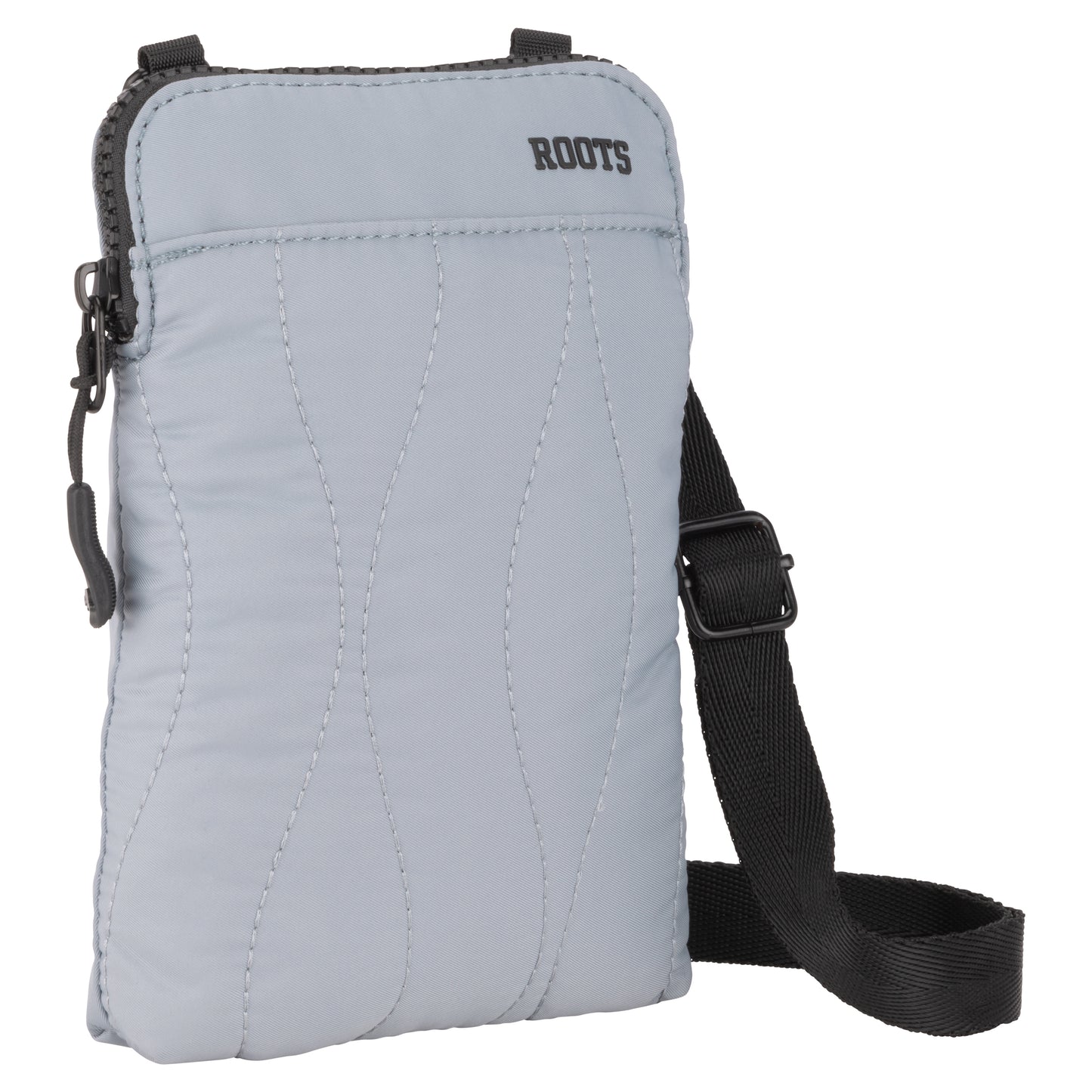 Quilted blue Roots Kammy crossbody bag with adjustable black strap.
