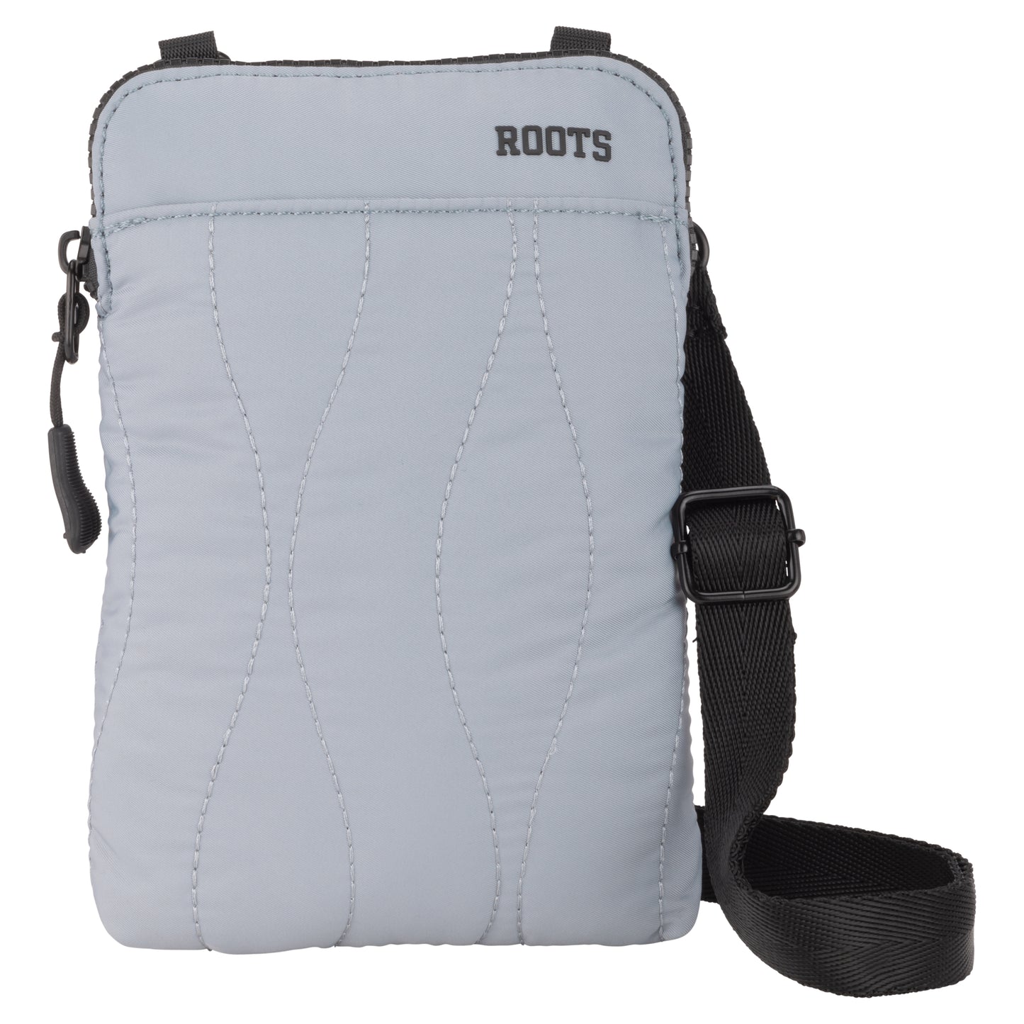 The Roots Kammy Wavy Quilted Cellphone Crossbody has a blue body, black strap, and "ROOTS" logo on top right.